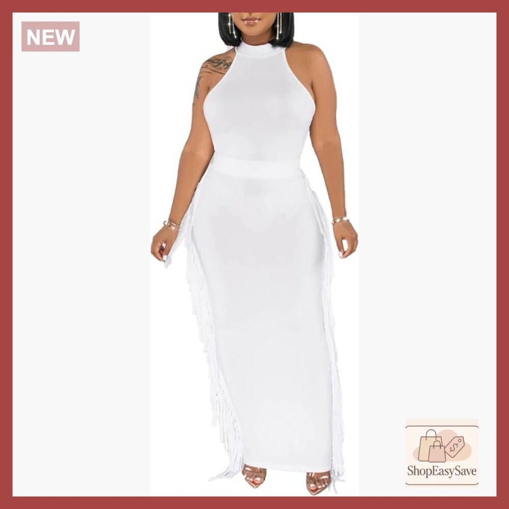 Sexy Halter Neck Ruched Bodycon Dress Set Fringe Midi Skirt Elegant Party Wear